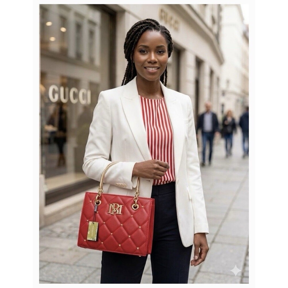 Badgley Mischka Red Designer Small Quilted Studs Tote Bag Purse NWT $129